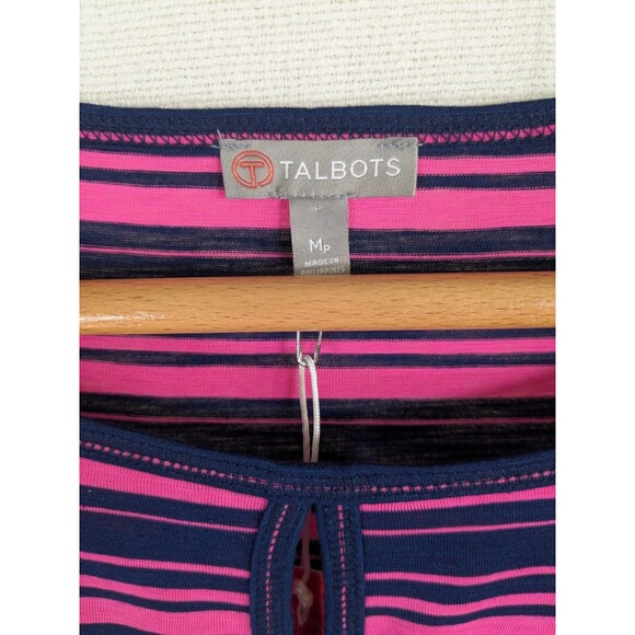 NWT Talbots Blouse Women's Petite Medium 3/4 sleeve Pink & Navy Striped Coastal - Picture 2 of 8